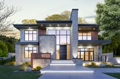 this is an artist's rendering of a modern house in the evening with lights on