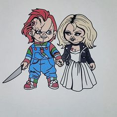 an image of two cartoon characters with one holding a knife and the other wearing overalls