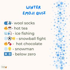 the winter emoj quiz is shown with snowflakes and stars on it's side