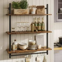 the shelves are holding wine glasses, plates and other kitchen items on it's sides