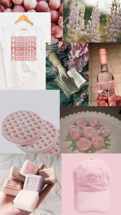 the collage shows pink and white items, including a hat, t - shirt, waffles, soap bars, flowers, and bottles