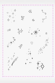 a black and white drawing of stars, hearts, and sparkles