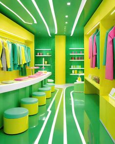 a green and yellow store with stools in the center, clothes hanging on racks