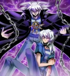 two anime characters standing next to each other with chains on their shoulders and hands in the air