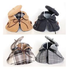 three different styles of baby shoes with bows on the front and back, all in plaid