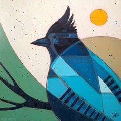 a painting of a blue bird sitting on top of a tree branch with the sun in the background