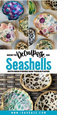 How To Decoupage A Shell, Tissue Paper In Resin, Modge Podge Gift Ideas, Mod Podge Sea Shells, Mod Podge On Glass Window, Tissue Paper For Decoupage, Shell Decoupage Diy, Decoupage Seashells Diy, Decopage Sea Shells