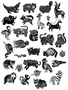 black and white drawing of various animal designs