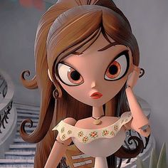 a cartoon girl with long brown hair and big eyes standing in front of some stairs