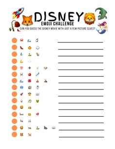 the disney emot challenge worksheet is shown in orange and white with an image of