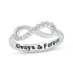 Remind her your love is forever with this infinity promise ring. Crafted in sterling silver with a rhodium finish, this ring features an infinity symbol partially lined with sparkling round diamonds for a total diamond weight of 1/8 carat. Personalize your style with names or a message (up to 16 letters) inside the bottom of the band. Rings For Your Girlfriend, Disney Promise Rings, Infinity Promise Rings, Promise Ring Ideas, Silver Promise Rings For Her, Dragon Goddess, Purity Rings, Promise Ring Proposal, Cute Promise Rings