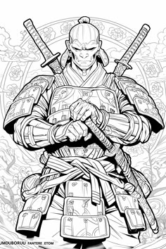 the samurai coloring page is shown in black and white, with two swords on his chest