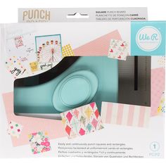 the packaging for punch is shown with its blue plastic container and matching paper, which also include