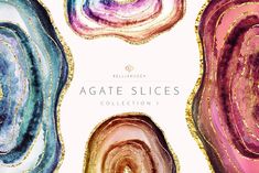 the agate slices collection is shown in pink, blue and purple tones with gold glitters