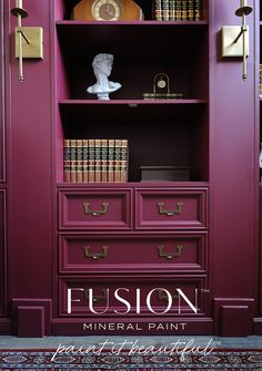 a purple bookcase with books on it and the words fusion mineral paint in gold