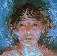 an abstract painting of a woman's face with blue water around her and hair blowing in the wind