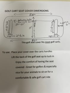 an instruction for how to use the golf cart seat cover dimensionss on a piece of paper