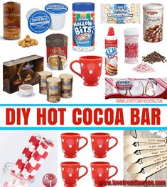 the collage shows different types of coffee cups and mugs, with text overlay that reads diy hot cocoa bar