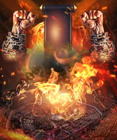 two hands holding up a cell phone in front of a fire and flames stadium scene