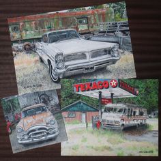 three pictures of old cars are shown on the table next to an old gas station