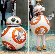 two pictures of a child dressed as bbg from star wars