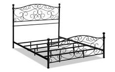 a black metal bed frame with intricate designs on the headboard and foot board, against a white background