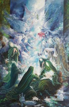 an image of angels in the sky above some water and trees, with one person reaching for