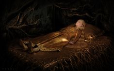 a woman laying on top of a bed covered in gold