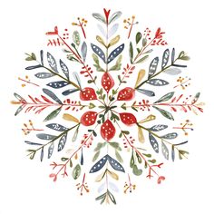 a watercolor drawing of a snowflake with leaves and berries in the center