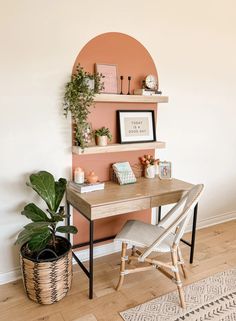 an image of a desk with plants and pictures on the wall above it that says links here