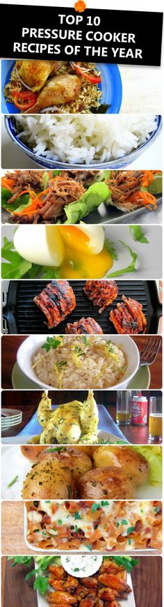 the different types of food are shown on this page, including rice and meats