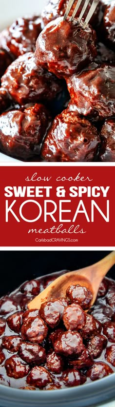 sweet and spicy korean meatballs are served on a plate with a fork