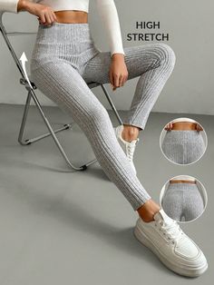 1pc Gray Knit Leggings Grey Casual   Knitted Fabric Plain Regular Slight Stretch  Women Clothing, size features are:Bust: ,Length: ,Sleeve Length: Sweater Leggings, Knitted Loungewear, Yoga Tights, Fall Leggings, Casual Bottoms, Cute Leggings, Women Leggings, Diy Wine, Knit Leggings