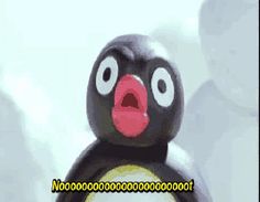 an animated penguin is standing in front of the camera with its mouth open and tongue out