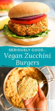 a person holding up a sandwich in front of the camera with text overlay that reads seriously good vegan zucchini burgers