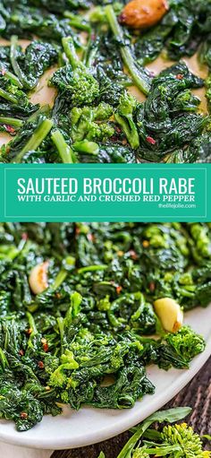 sauteed broccoli rabe with garlic and grilled red pepper on a white platter