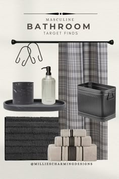 the bathroom is decorated in black and white colors, including plaid shower curtaines, toiletries