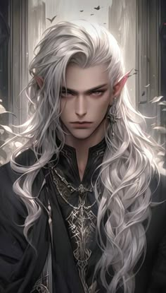 the white haired man with long hair is dressed in black and has horns on his head