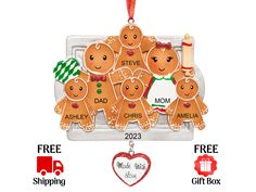 a christmas ornament with five ginger family members