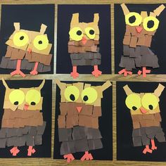 four pictures of an owl made out of construction paper