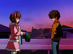 two anime characters standing in front of a purple sky with buildings on the other side