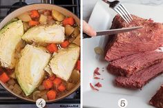 two pictures side by side one has meat and the other has vegetables