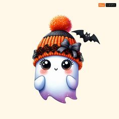 a cute little ghost with a bat on it's head wearing a knitted hat