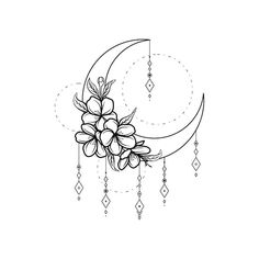 the moon with flowers on it is drawn in black and white, as well as diamonds