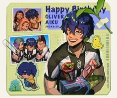 an image of a man holding a box with pictures on it and the words happy birthday to him