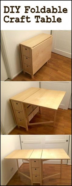 three different views of a wooden table with drawers on each side and the words diy foldable craft table above it