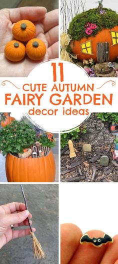 there are pictures of pumpkins and plants in the yard with text overlay that reads 11 cute autumn fairy garden decor ideas