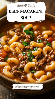 easy and tasty beef macaroni soup in a bowl on a wooden table