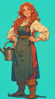 a woman with red hair wearing an apron and holding a bucket