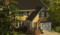 an artist's rendering of a house in the woods with trees and bushes surrounding it